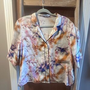 Silky Tie-Dye Short Sleeve Button Front Top - Multi